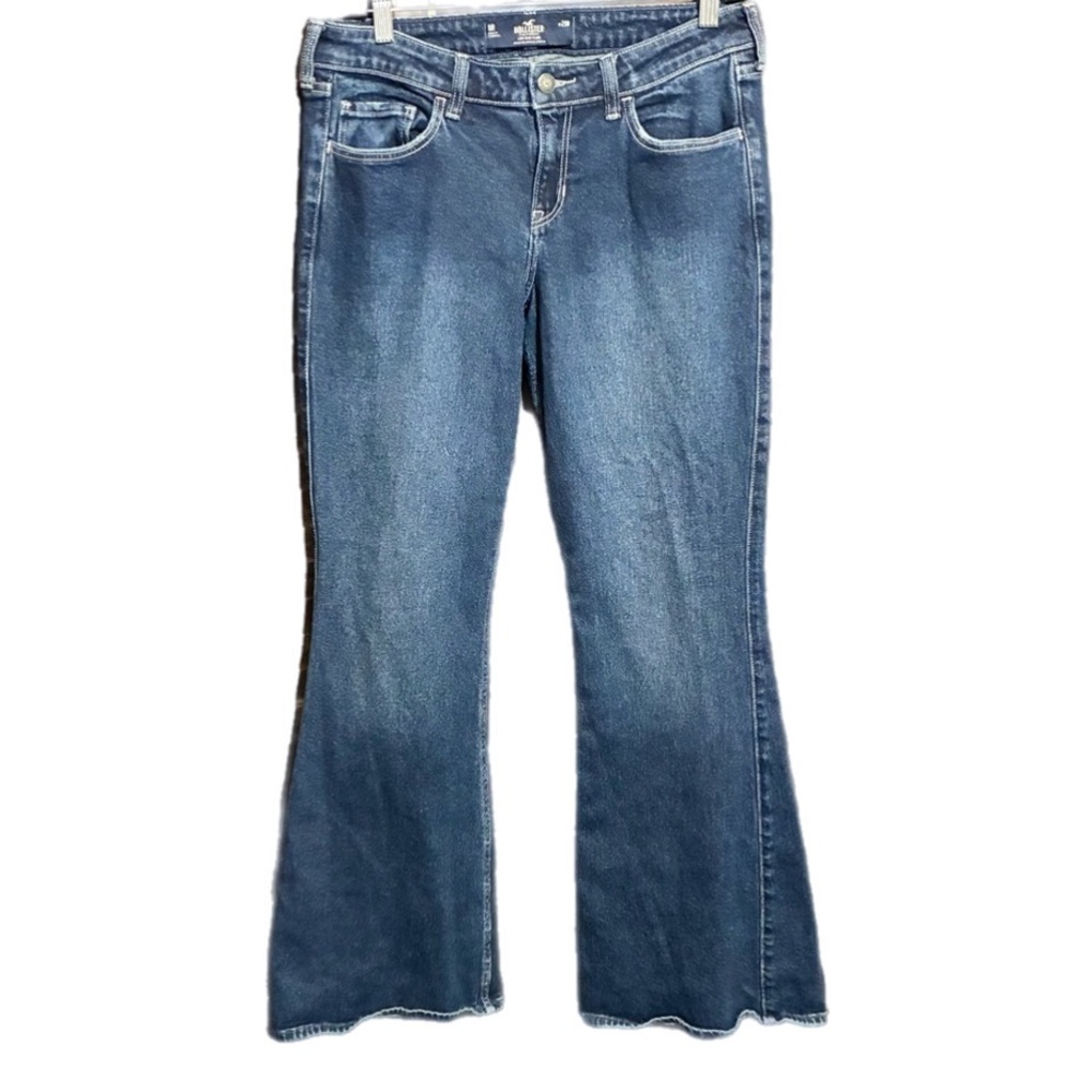 Hollister Y2K Blue Jeans Low-Rise Flared Distressed Dark Wash Stretch 8/29X30”